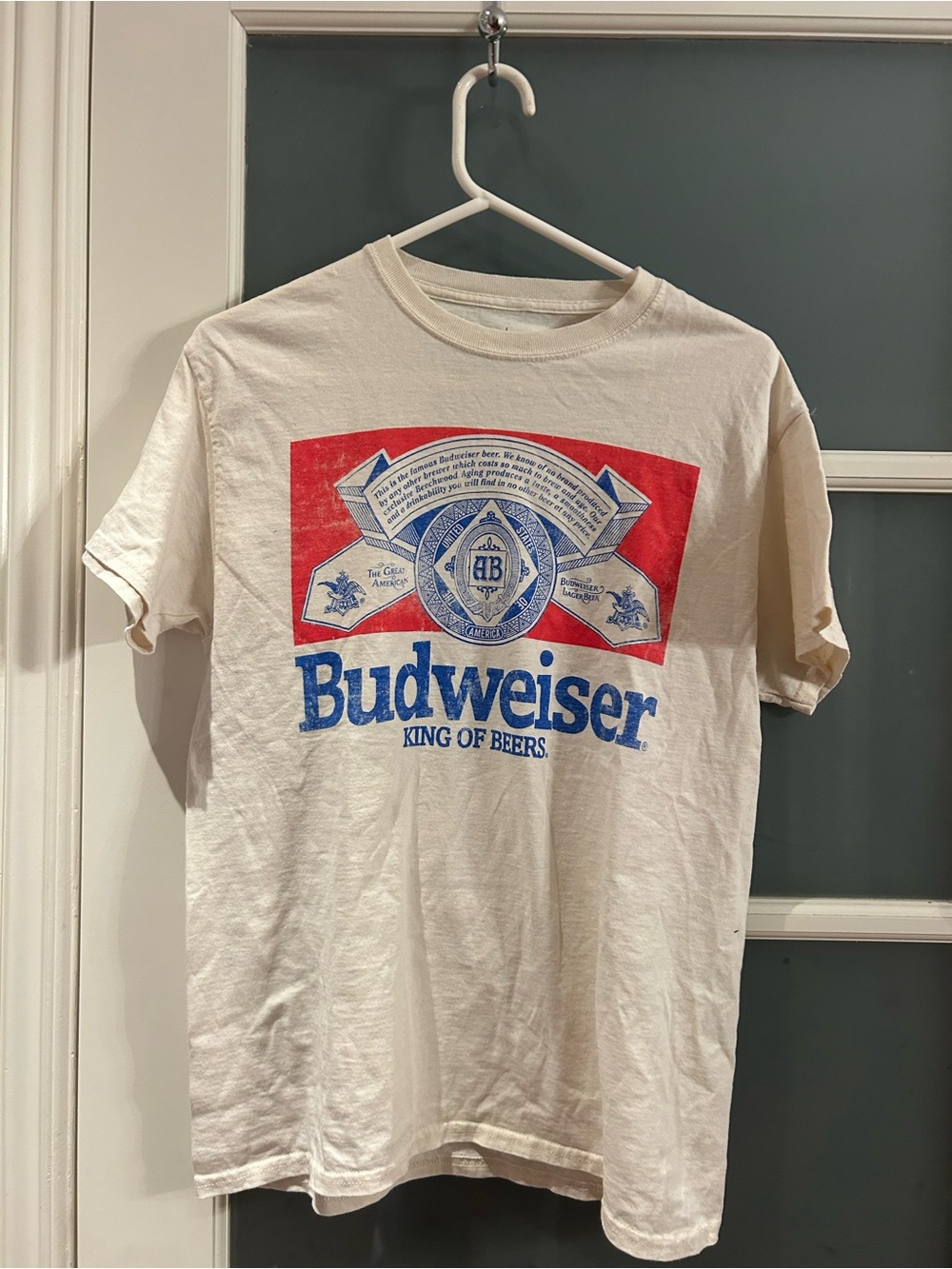 Budweiser Cream Short Sleeve Logo Tee with Red & Blue Graphic